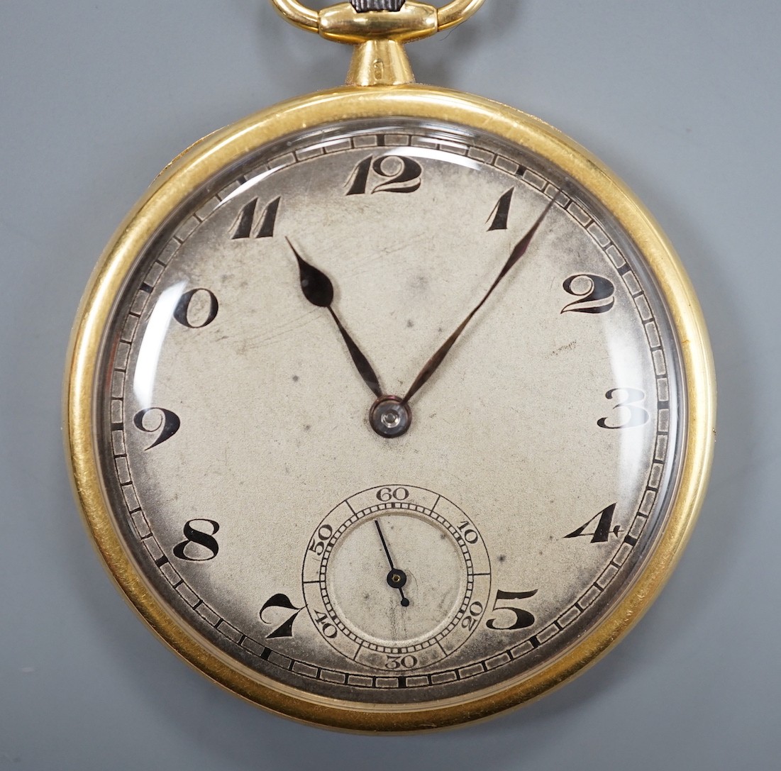 A 1920's Swiss 18ct gold open faced dress pocket watch, case diameter 43mm, gross weight 46.9 grams.
